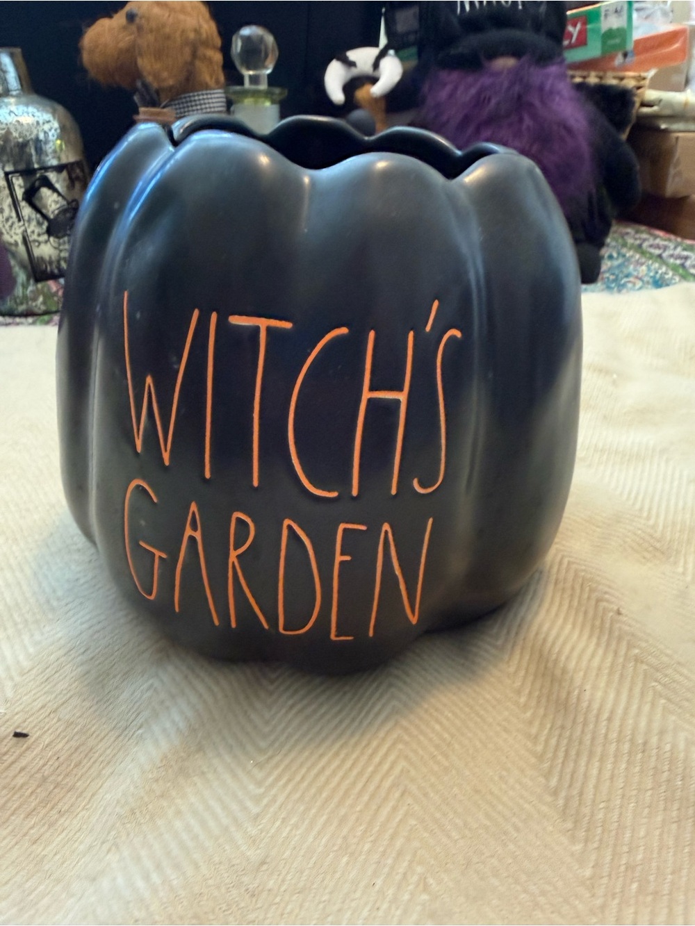 Rae Dunn Black Ceramic Pumpkin Planter with Orange Lettering